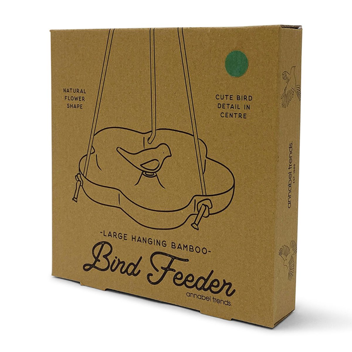 Box packaging for a large hanging bamboo bird feeder with illustrations and text on a white background.