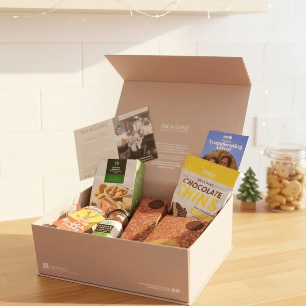 Open box containing various snacks and a magazine on a wooden surface.