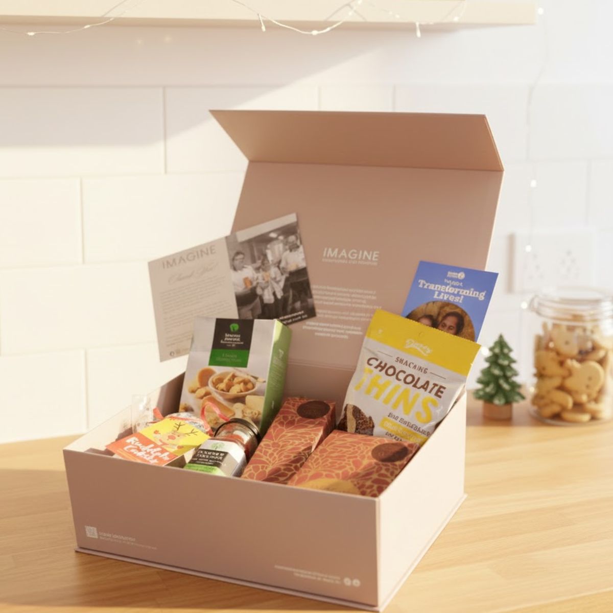 Open box containing various snacks and a magazine on a wooden surface.