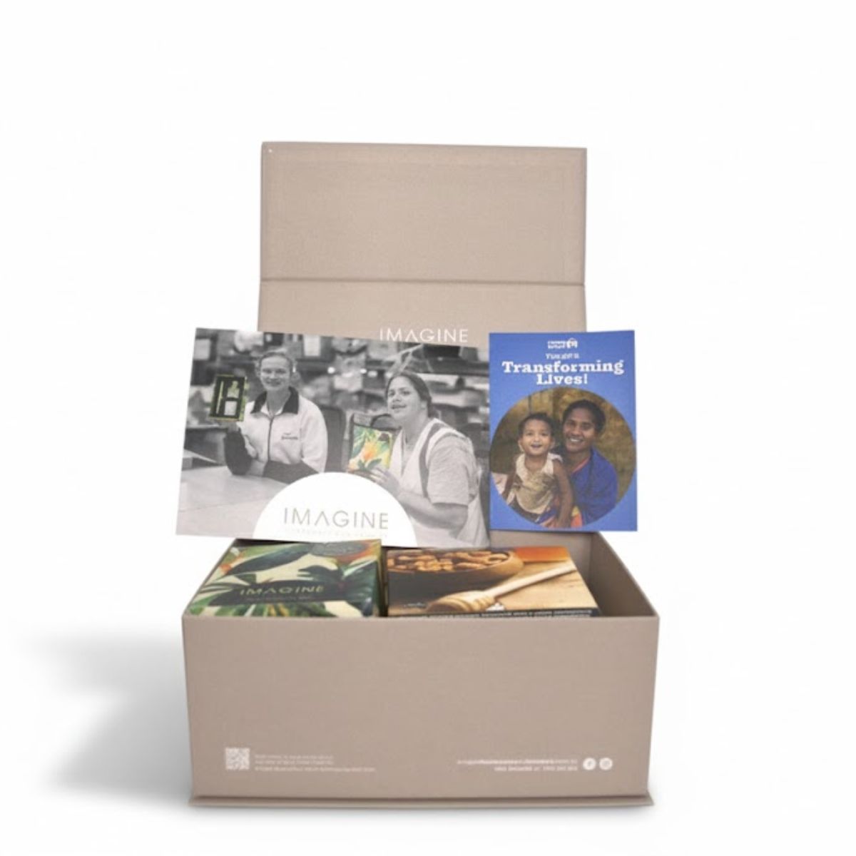 Product packaging with images of people and 'Imagine' branding on a white background