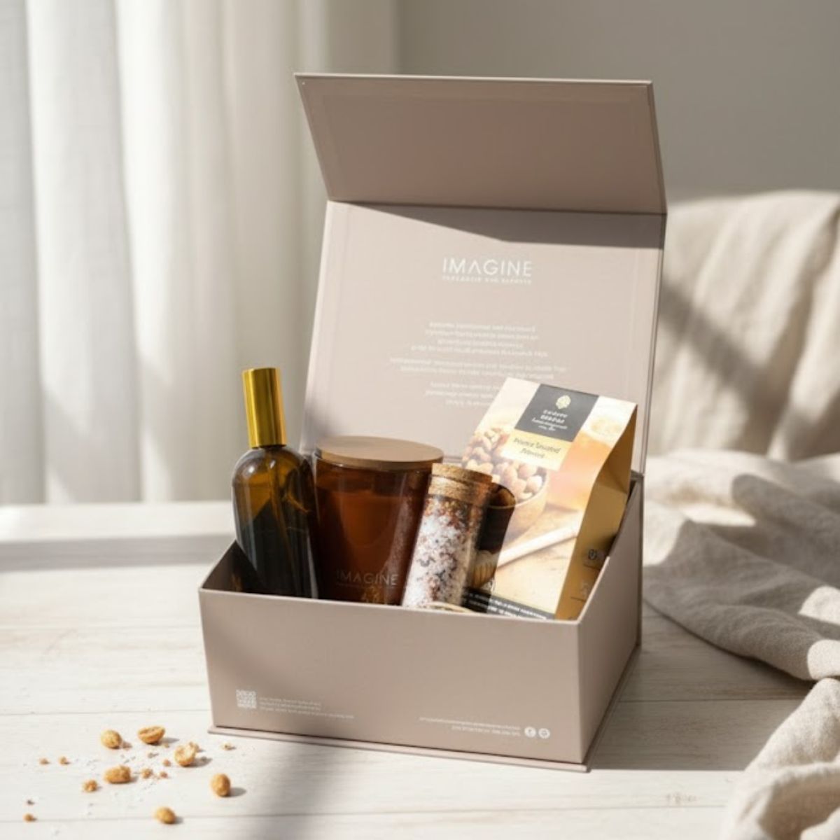 Gift box with bath products on a light surface with curtains in the background