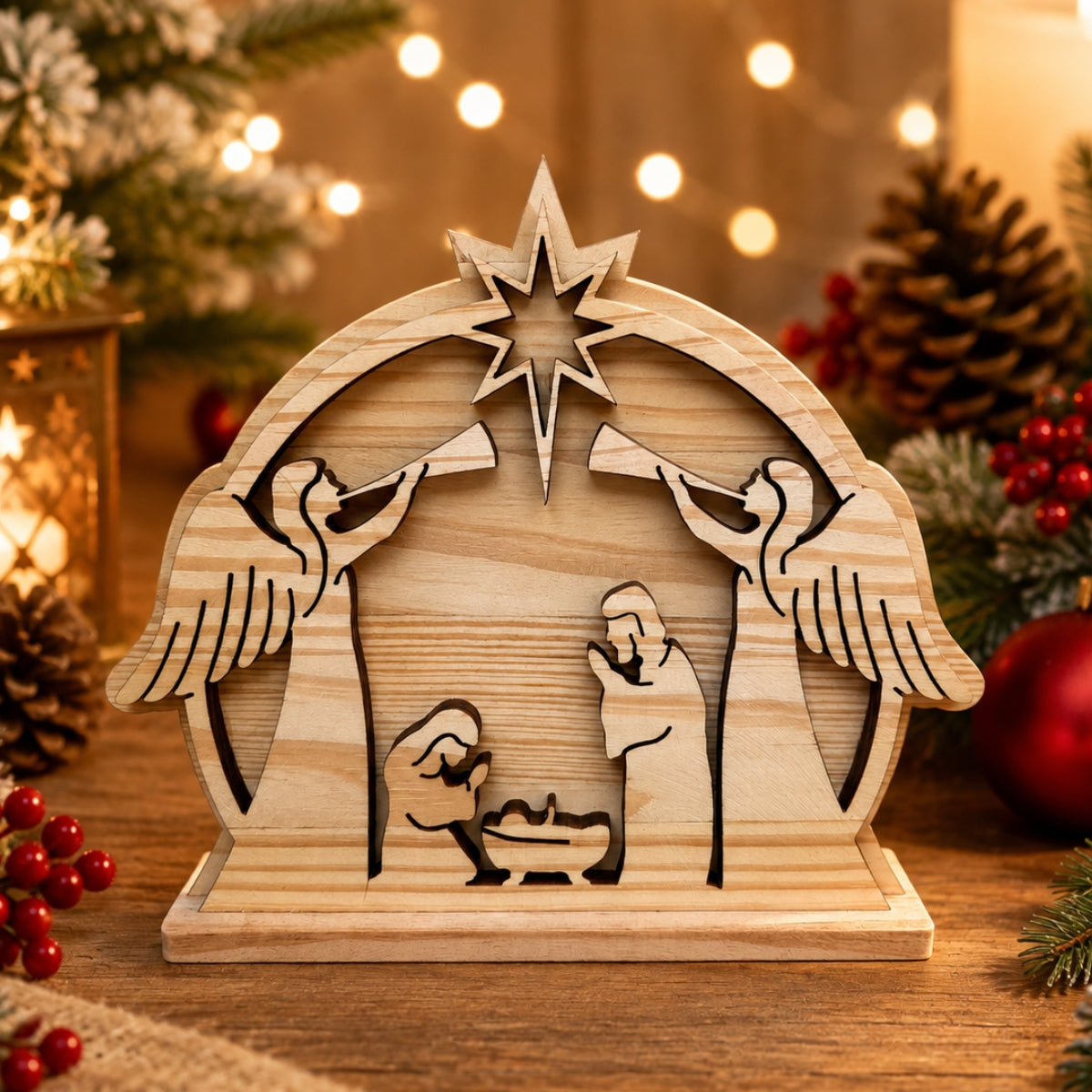 A wooden nativity scene decoration with laser-cut figures of angels, Mary, Joseph, and baby Jesus around a manger, topped with a star, displayed on a wooden surface with festive holiday decorations in the background.