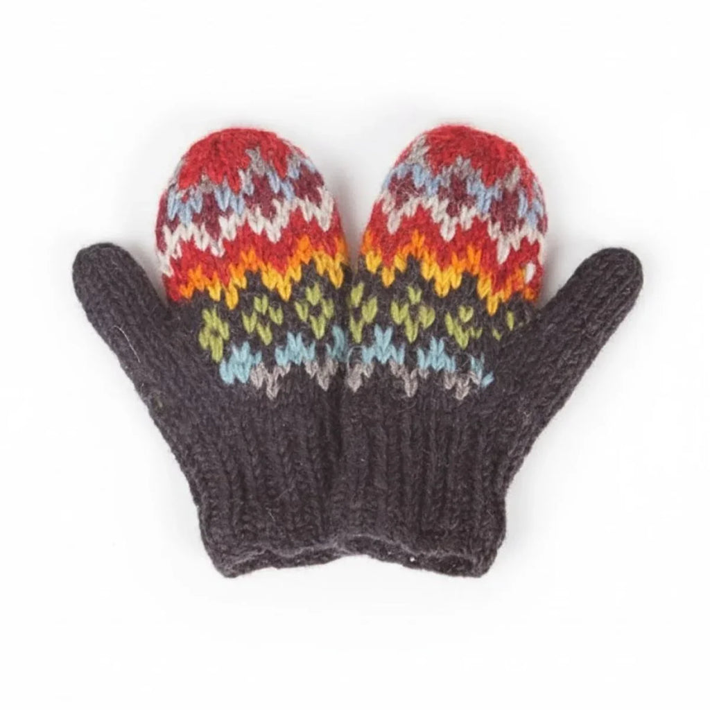 Pair of knitted mittens with colorful pattern on a white background