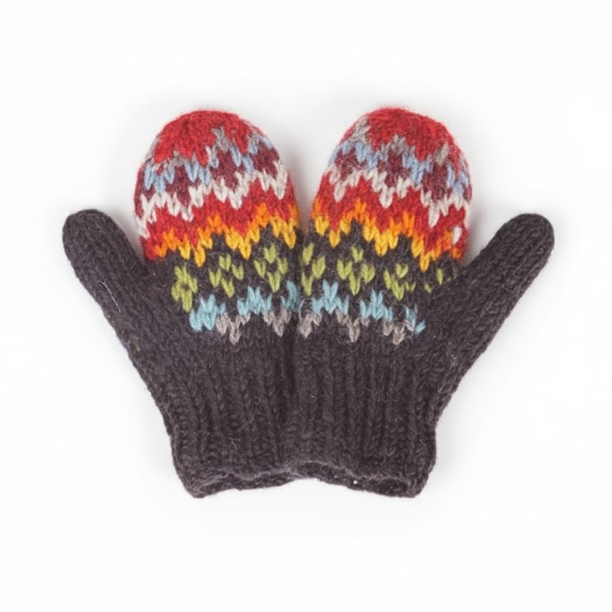 Pair of knitted mittens with colorful pattern on a white background