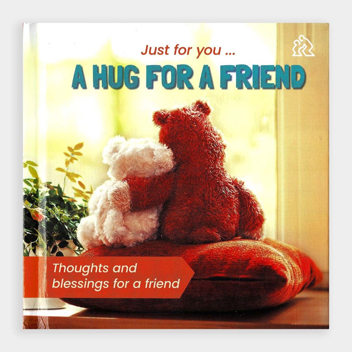 Book titled 'A Hug for a Friend' with two teddy bears on a cushion, set against a bright background.
