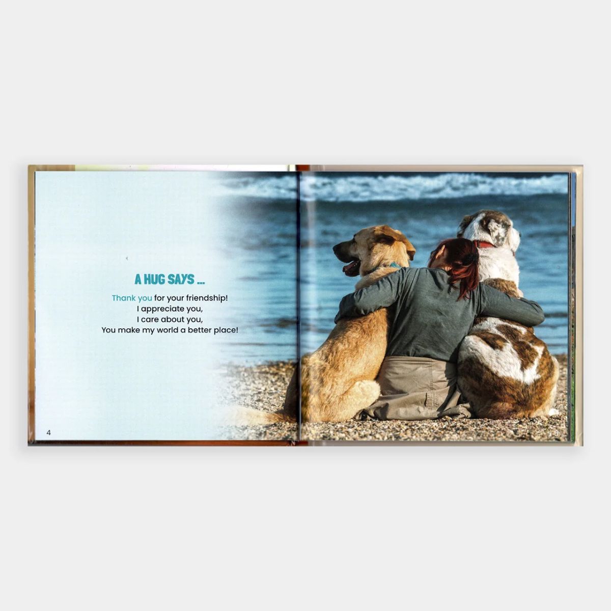 Open book showing a person hugging two dogs on a beach with text about friendship.