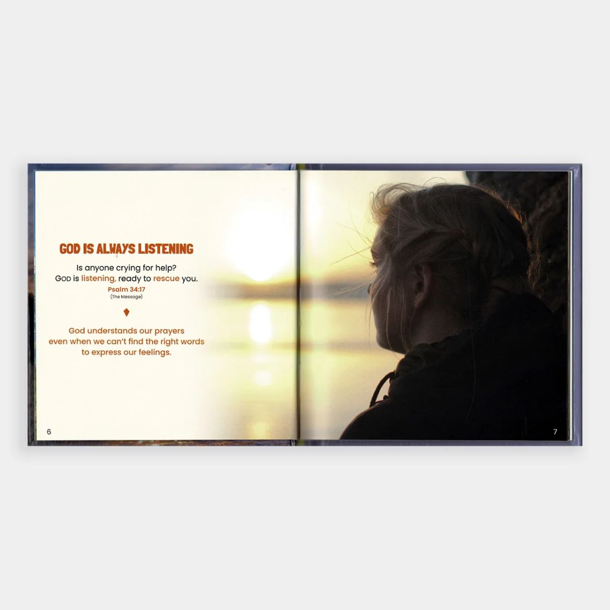 Open book with text on one page and a silhouette of a person on the other, against a sunset background.