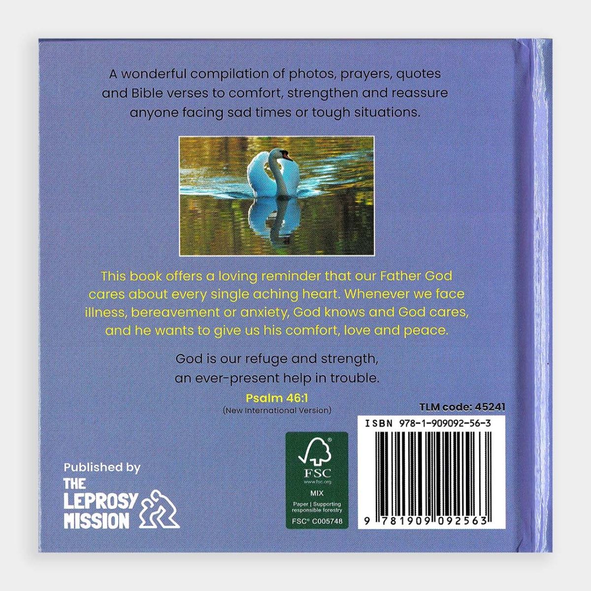 Back cover of a book with a swan illustration and text on a blue background