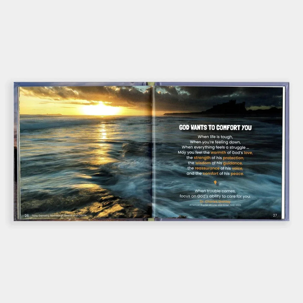 Open book with sunset over water on one page and inspirational text on the other, on a white background.