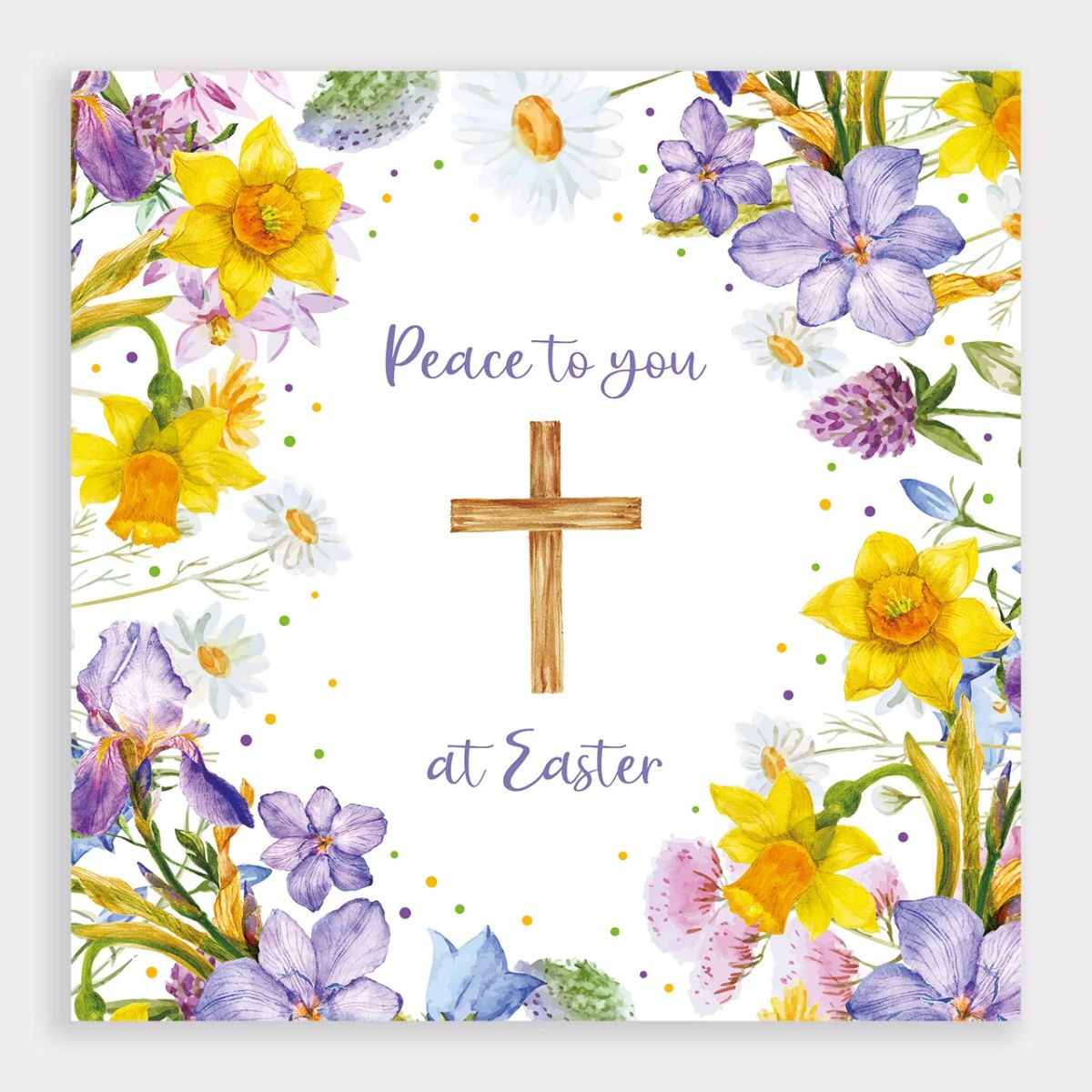 Easter card with flowers and a cross, featuring the text 'Peace to you at Easter'.