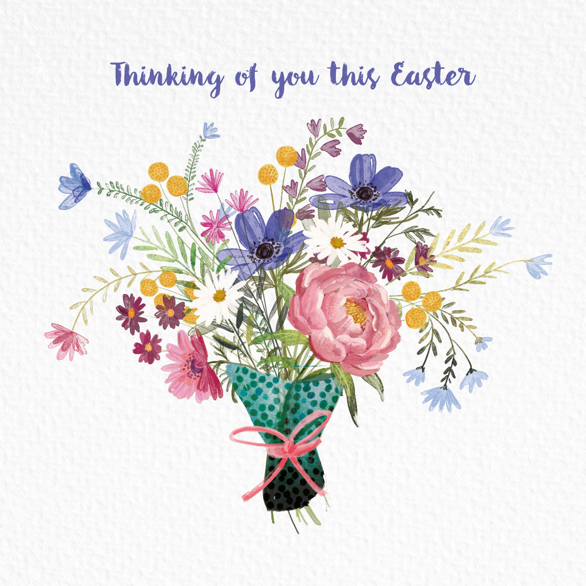 Colorful bouquet of flowers in a green vase with 'Thinking of you this Easter' text on a white background