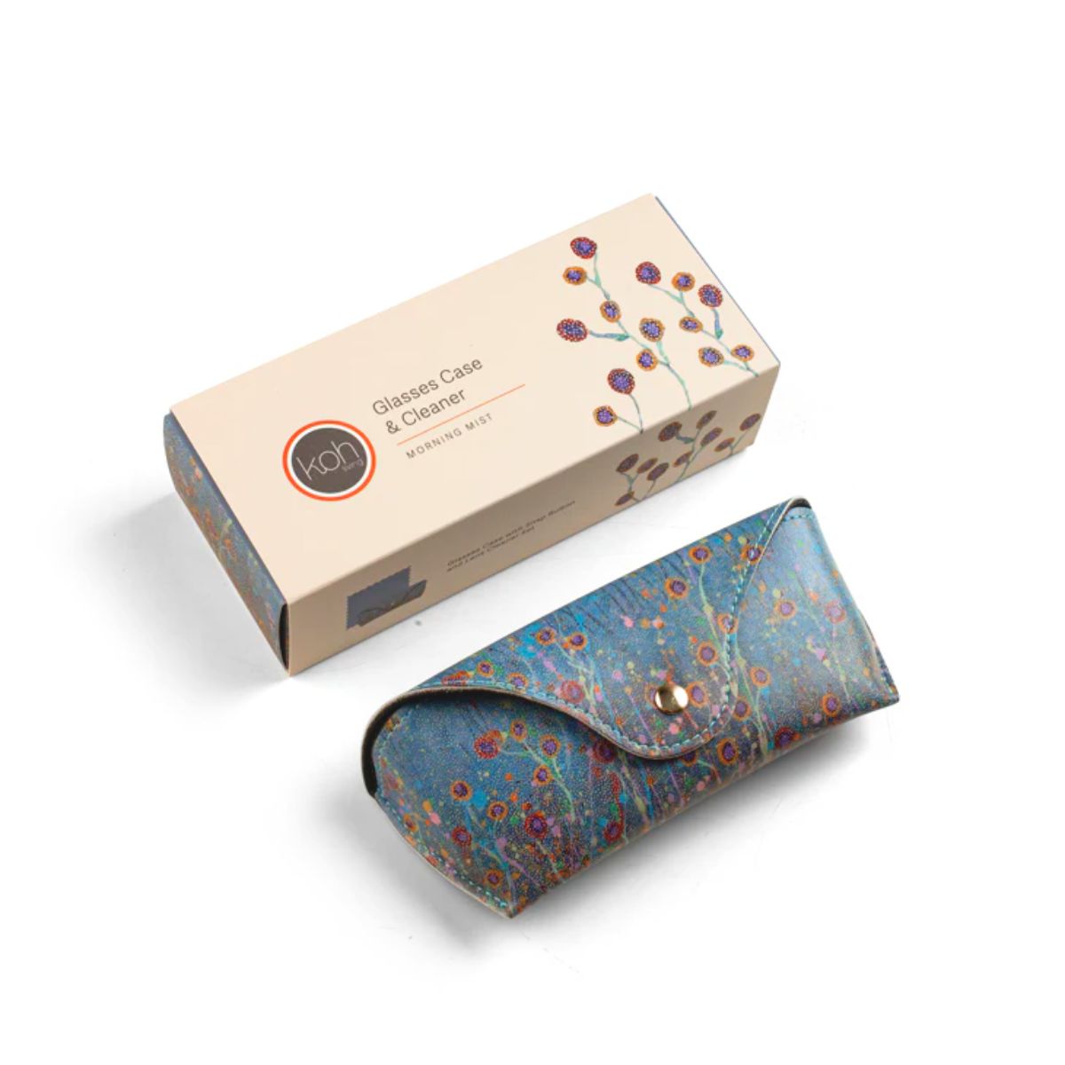 Floral-patterned glasses case with matching box on a white background
