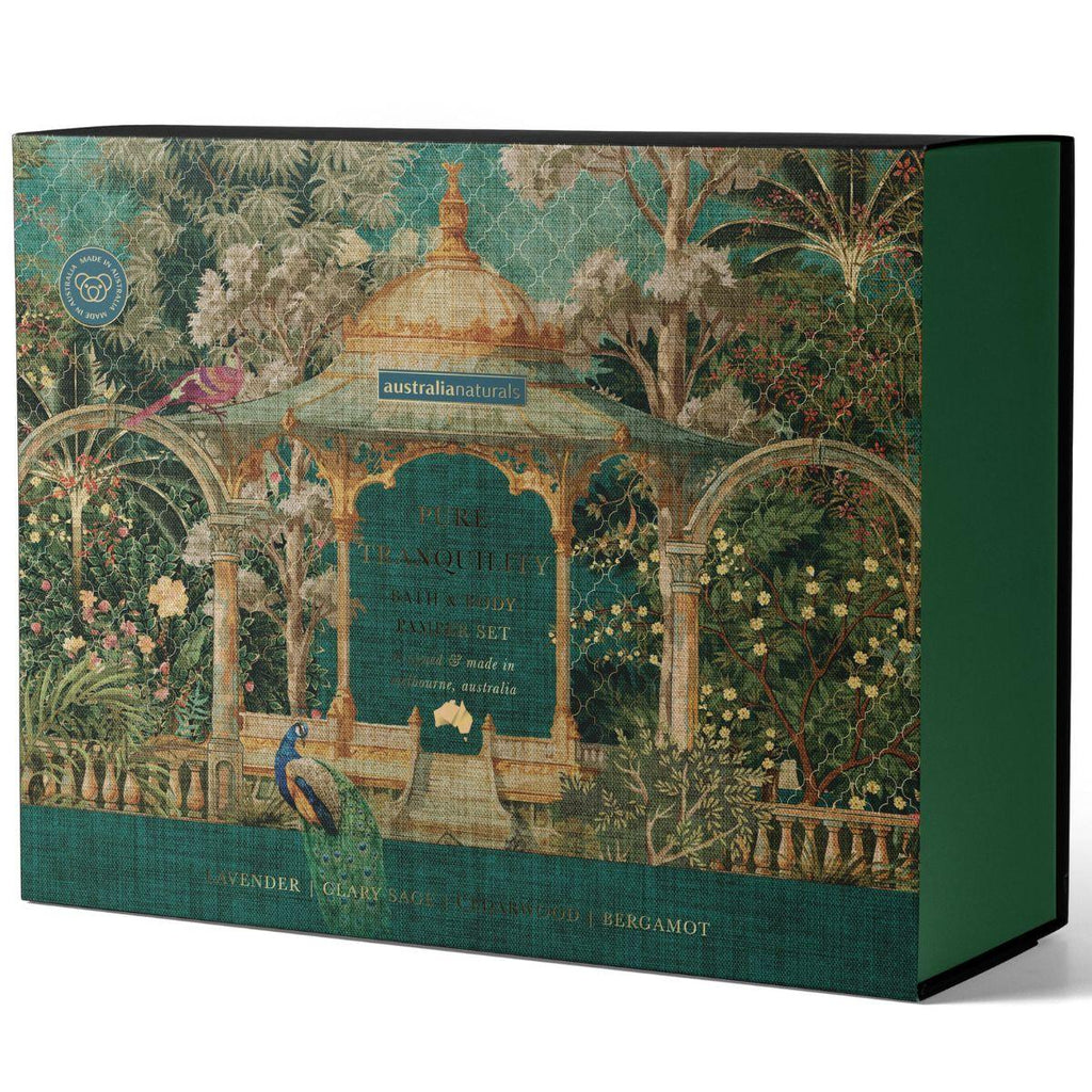 Decorative box with garden design and peacock illustration on a white background