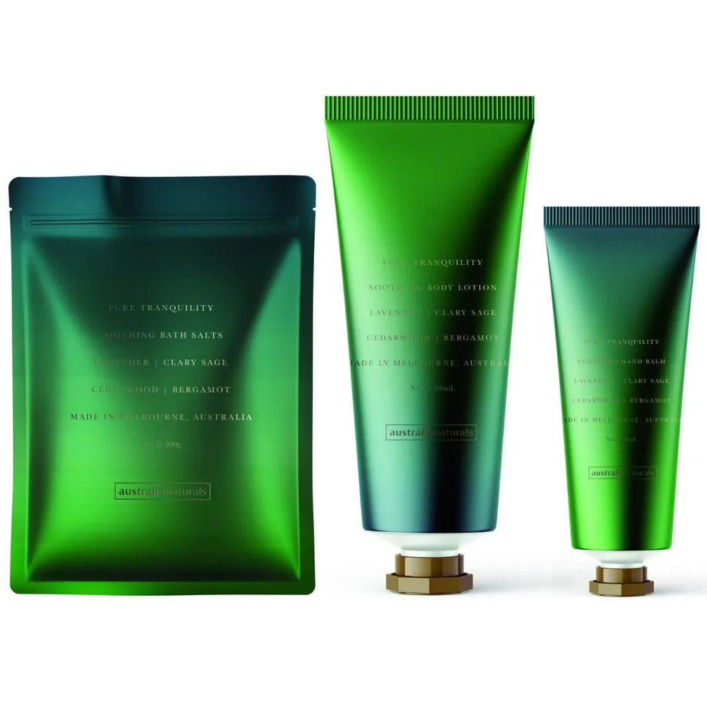 Green skincare product set with a pouch on a white background