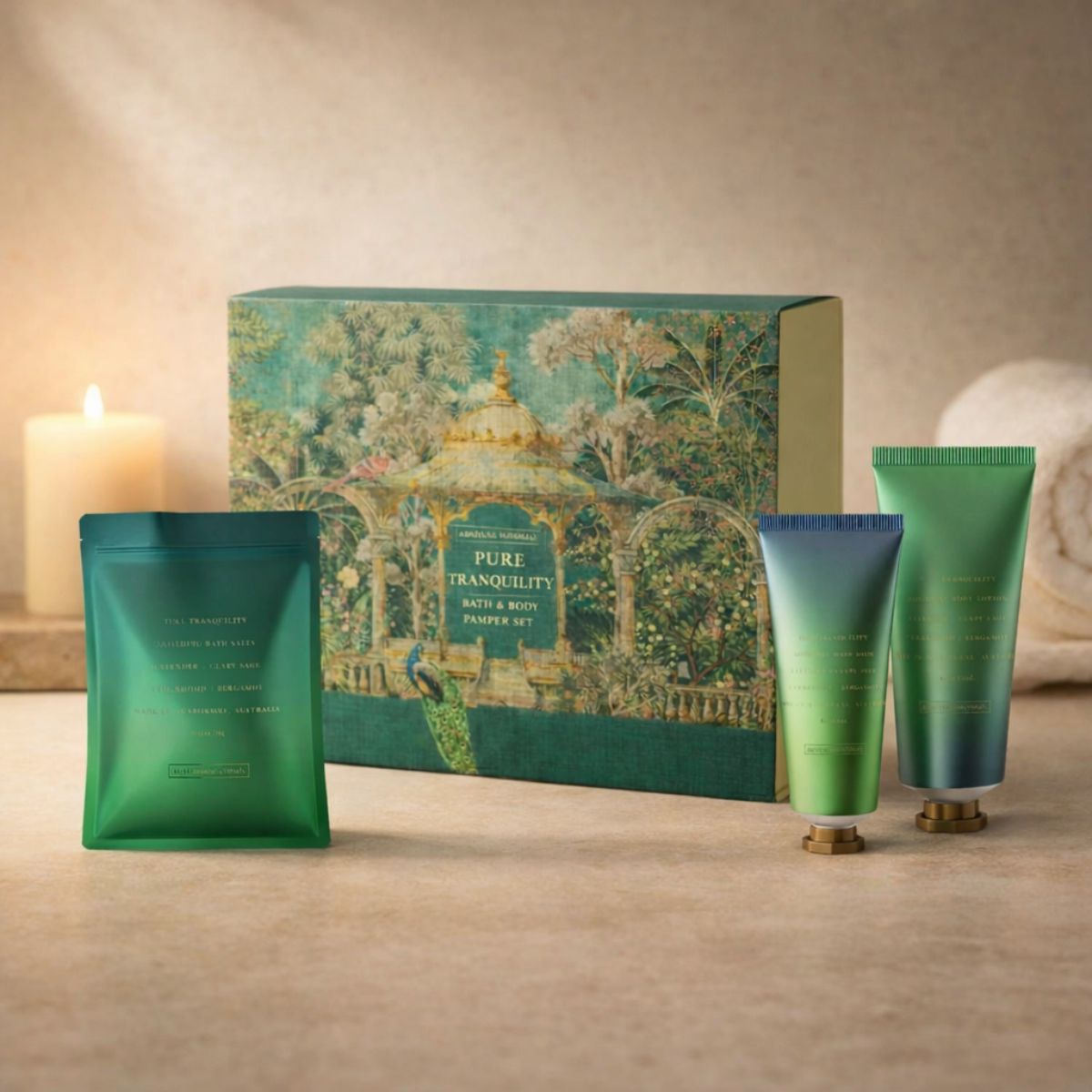 Cosmetic set with green packaging on a wooden surface, featuring a decorative box in the background.