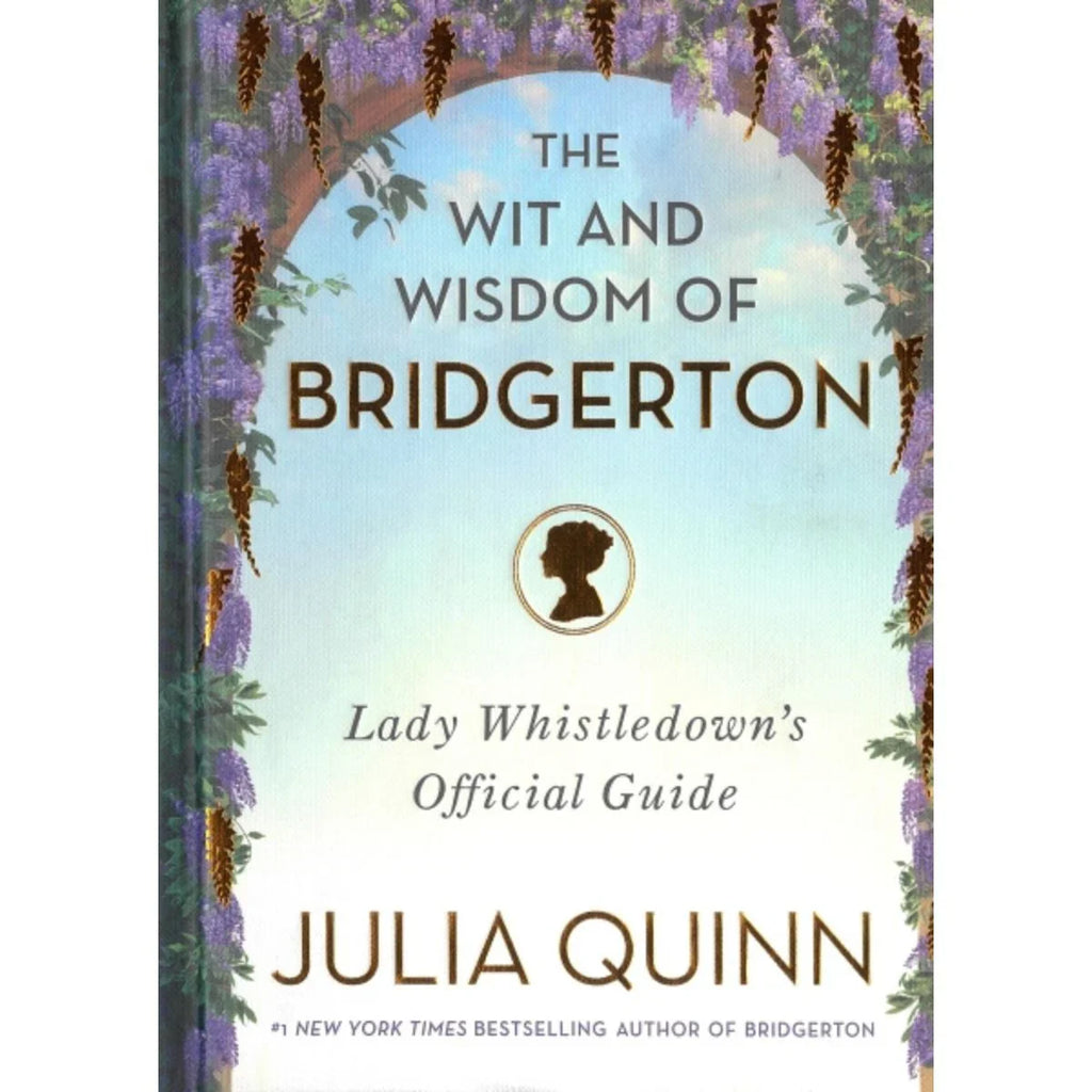Book cover of 'The Wit and Wisdom of Bridgerton' by Julia Quinn with decorative elements.