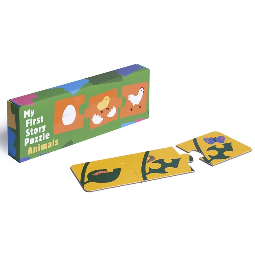 Children's puzzle set with animal illustrations and a box labeled 'My First Story Puzzle Animals' on a white background.