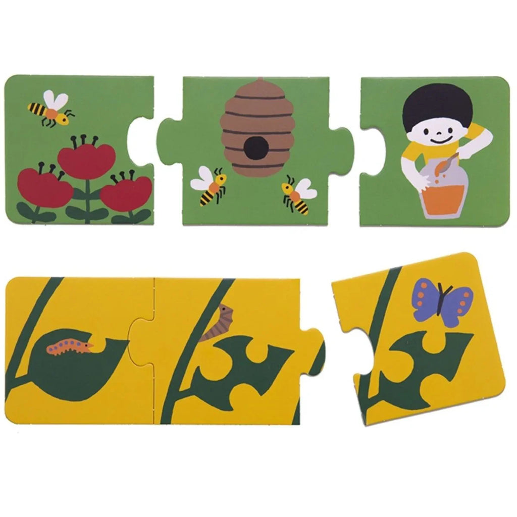 Children's puzzle with bee, flower, and butterfly designs on a white background