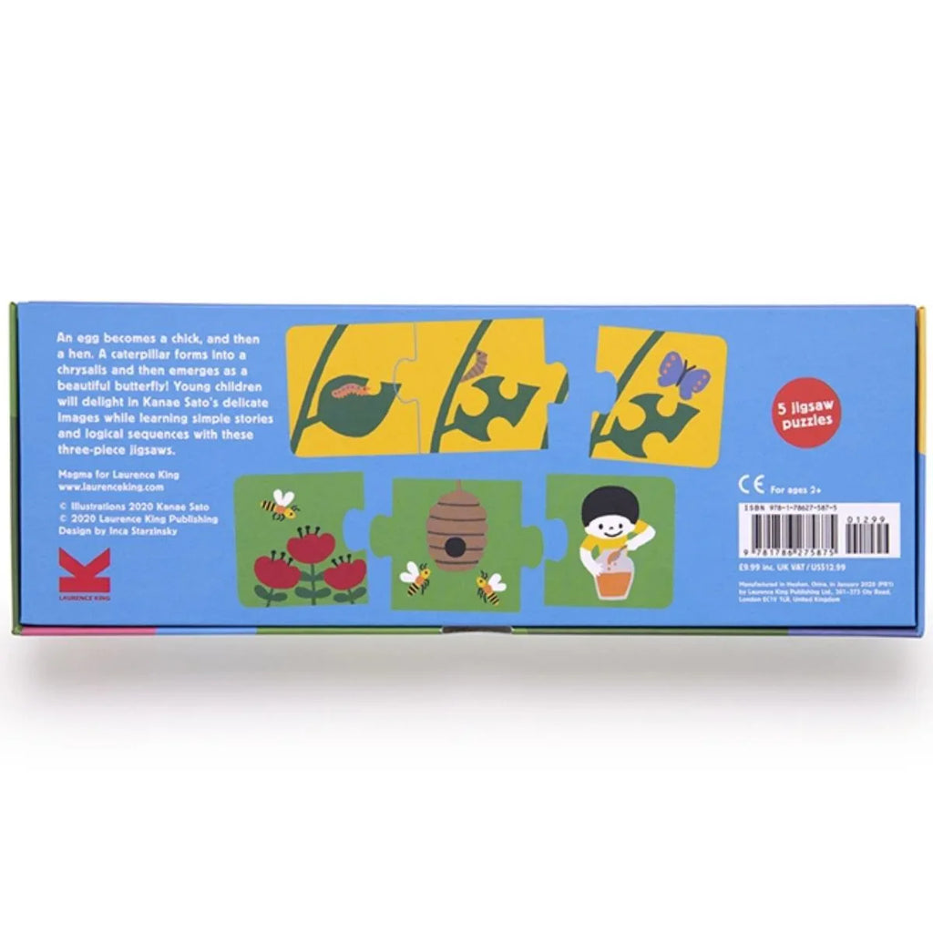 Box of children's puzzles with illustrations on a white background