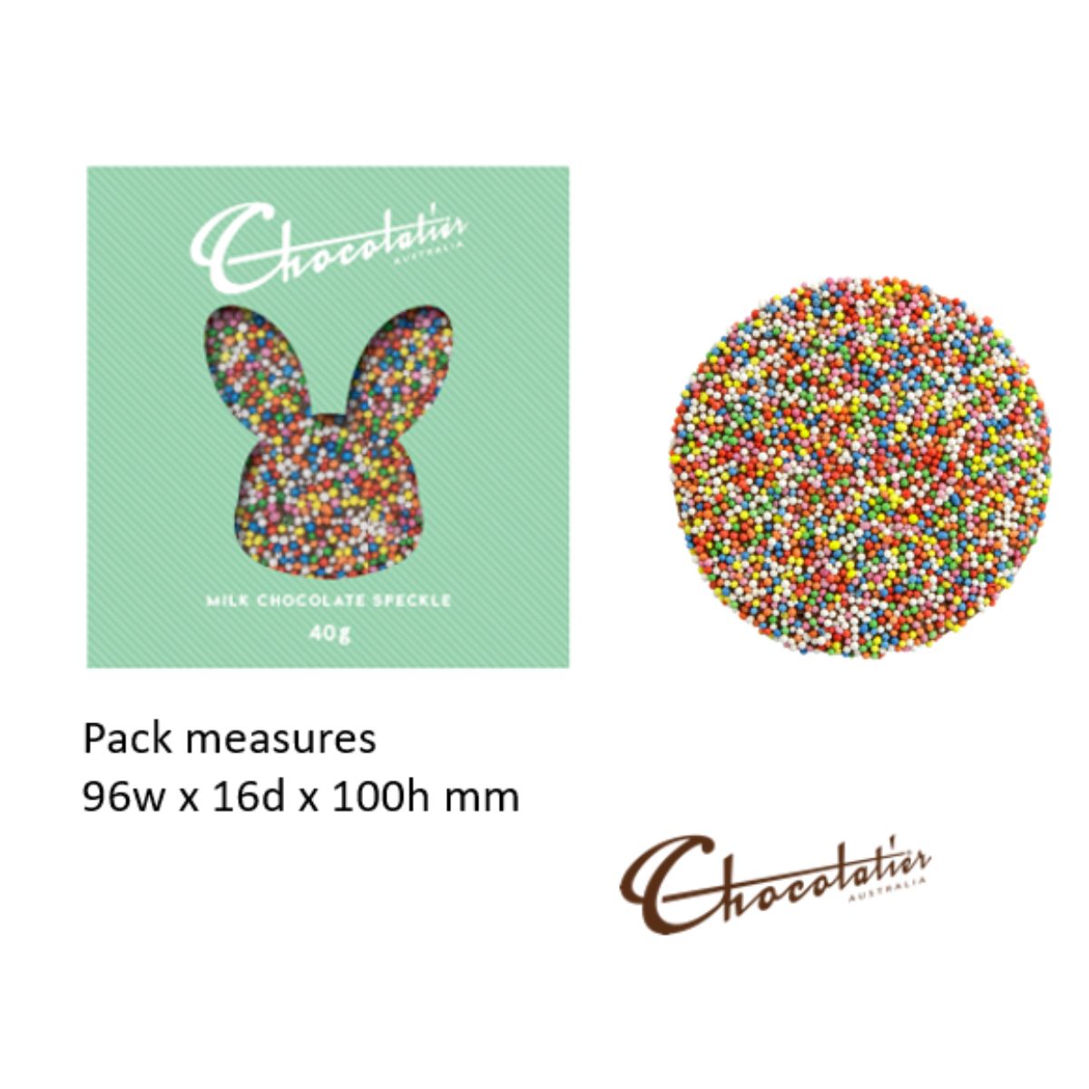 Chocolate with colorful sprinkles and packaging featuring 'Chocolatier' branding on a white background.