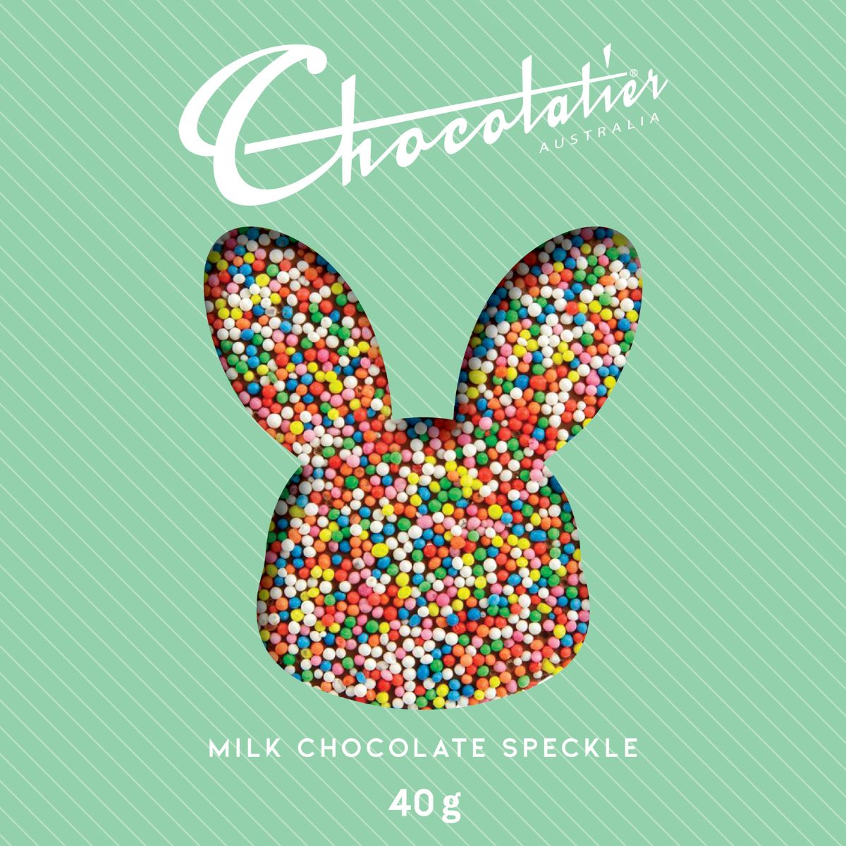 Milk chocolate speckle bunny shaped bar with 'Chocolatier Australia' branding on a green background.