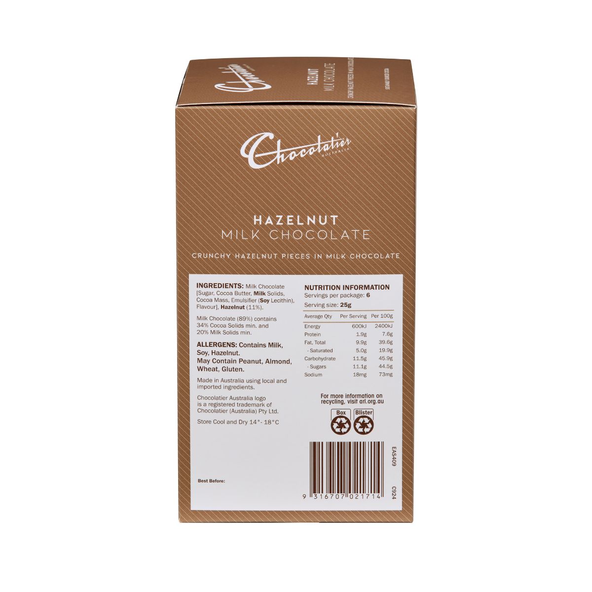 Box of Chocolatier Hazelnut Milk Chocolate on a white background
