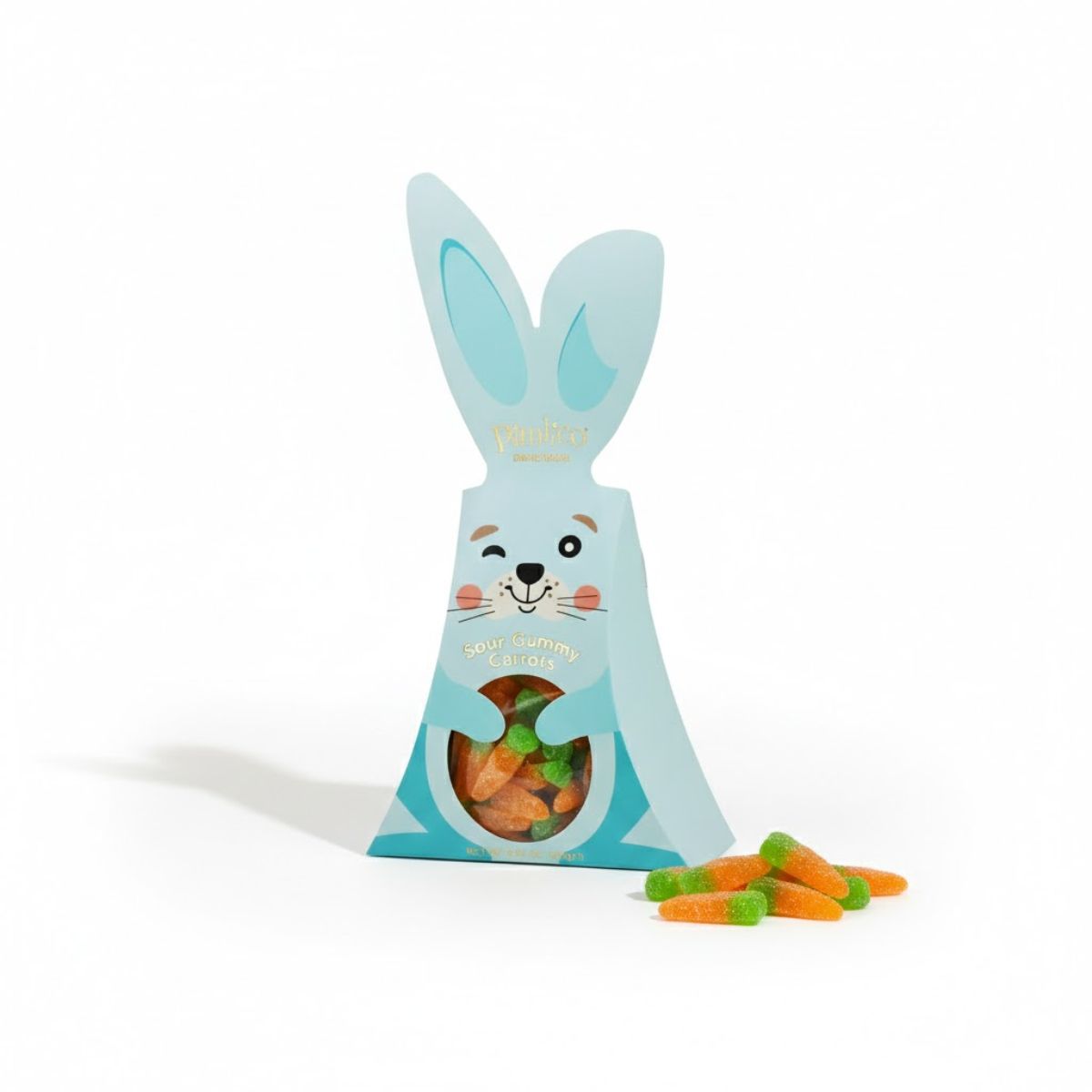 Bunny-shaped candy bag with candy carrots on a white background
