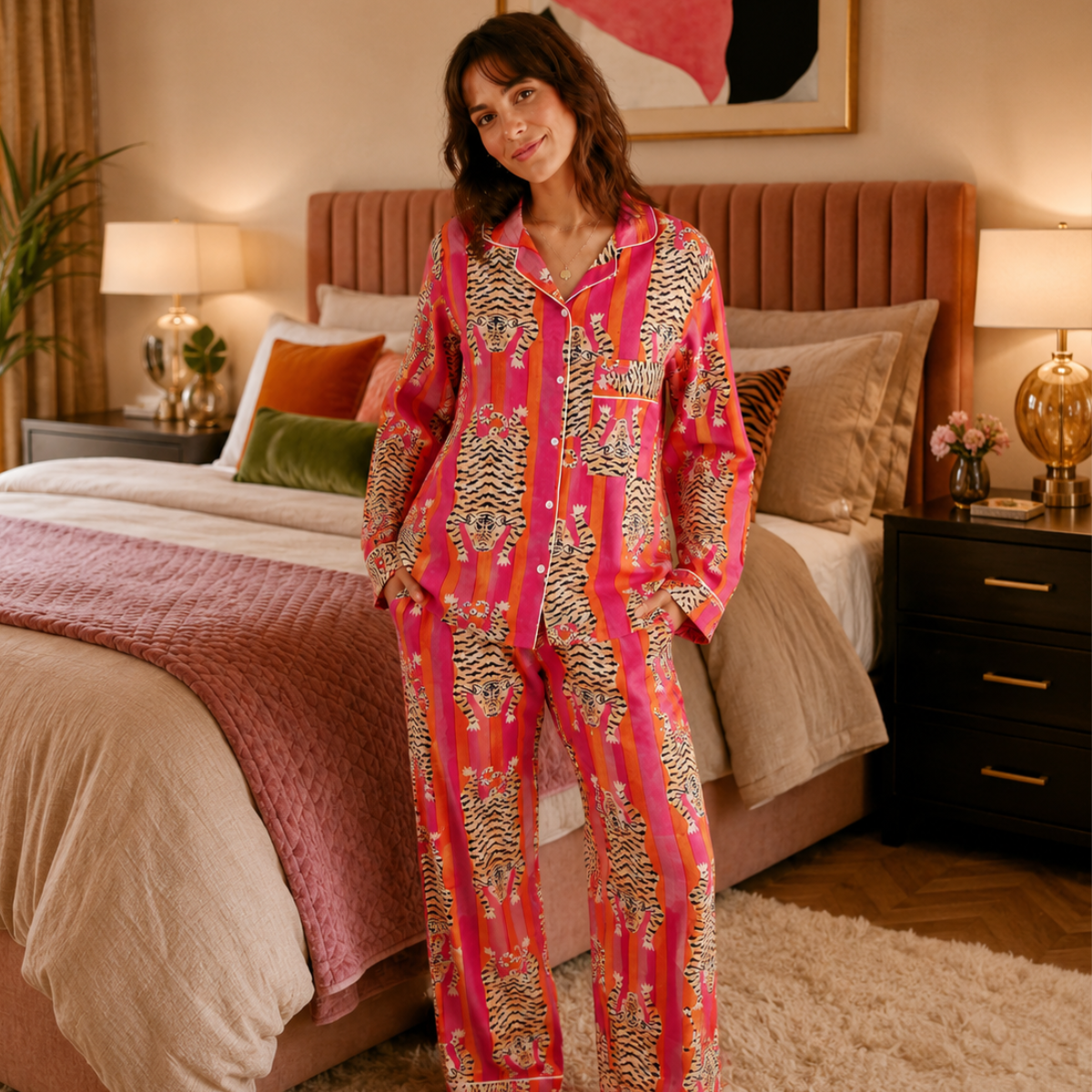 Woman in a patterned pink and red pajama set standing in a bedroom.
