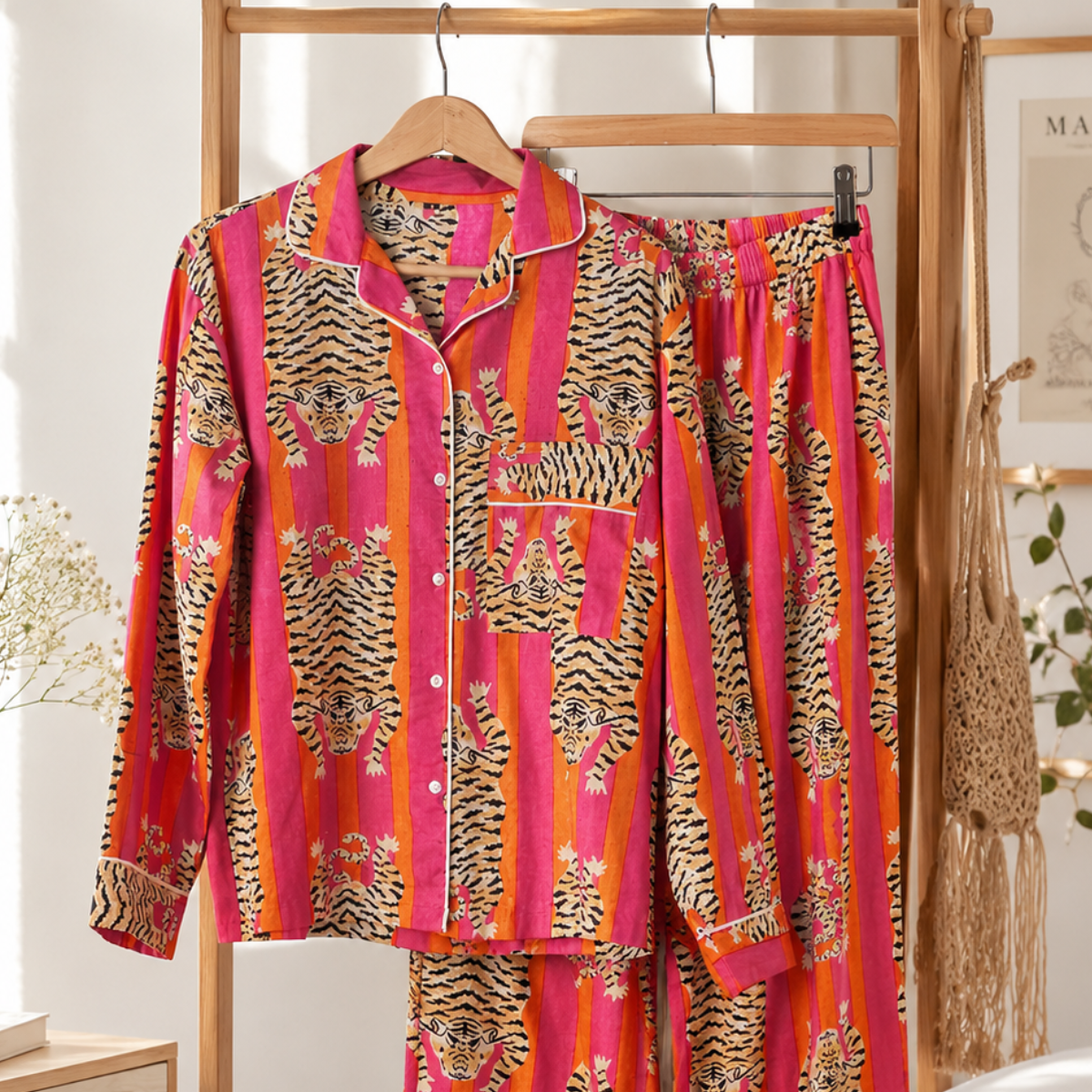 Colorful pajama set with tiger pattern on hangers against a white wall.