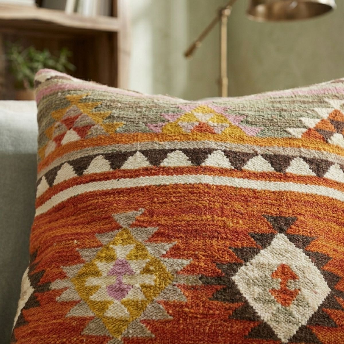 Decorative pillow with geometric pattern on a couch