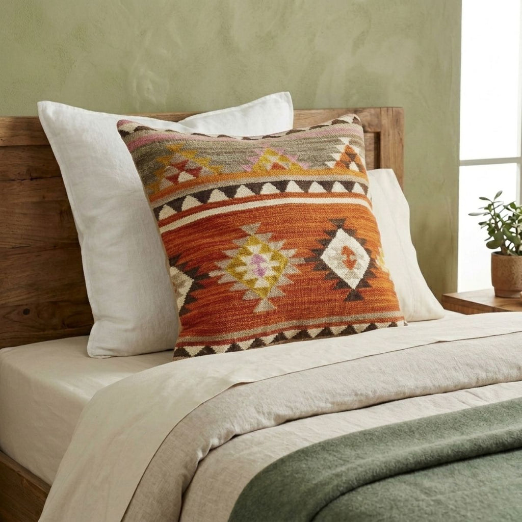 Decorative pillow with geometric pattern on a bed with neutral bedding.