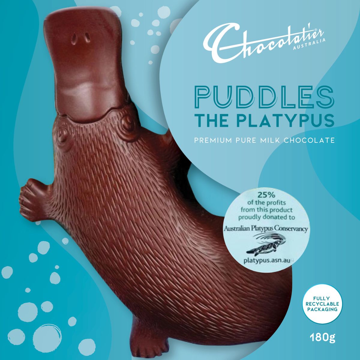 Chocolate platypus on a blue background with Chocolatier Australia branding