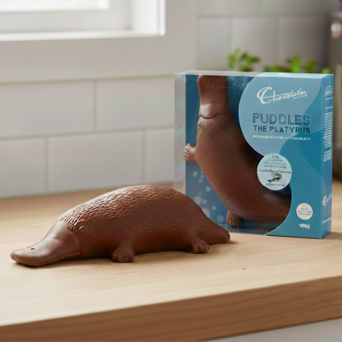 Chocolate duckling next to its packaging on a wooden surface