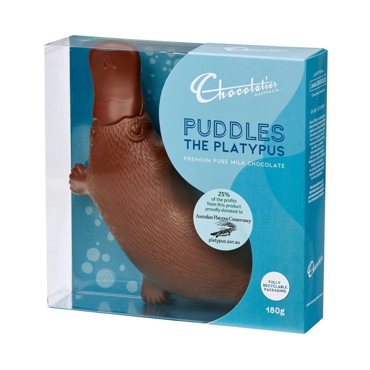 Chocolate figurine of a platypus named 'Puddles' in a blue Chocolatier Australia packaging.