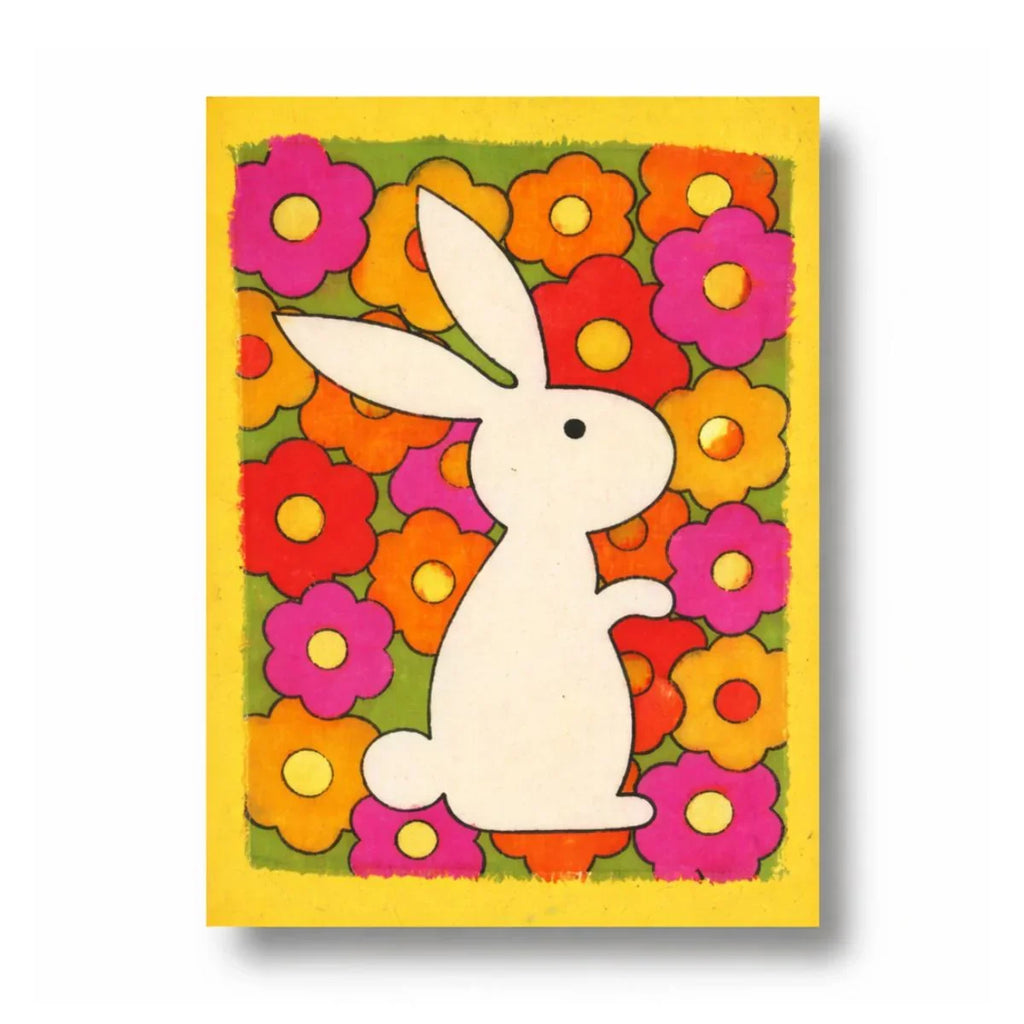 Colorful card with a white rabbit and flowers on a yellow border