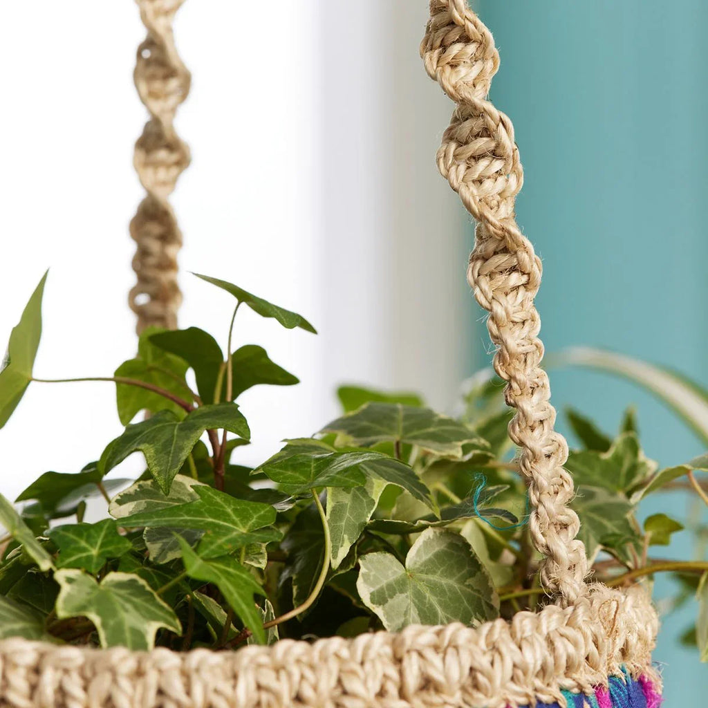 Hanging plant basket with green leaves against a blurred background