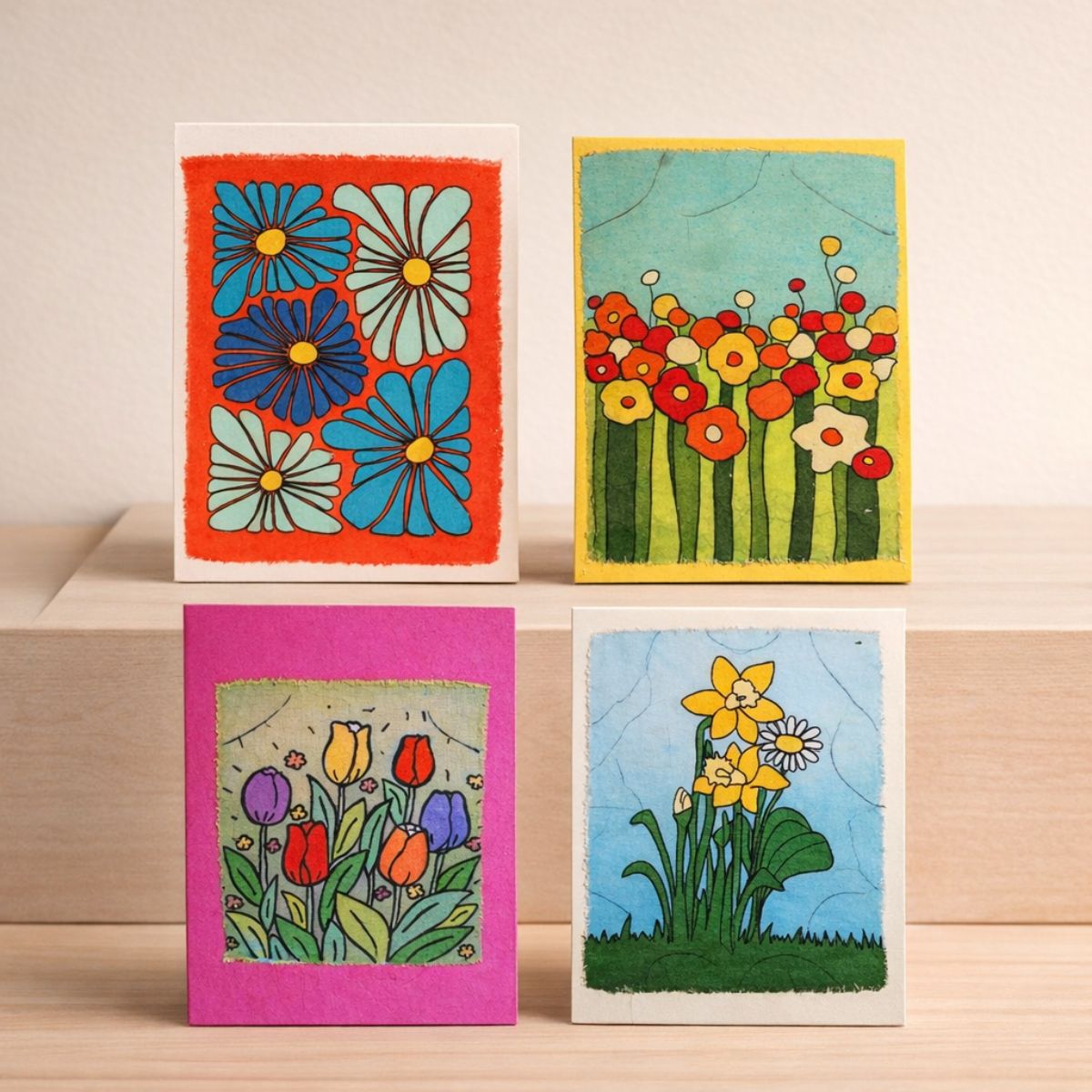 Four colorful floral greeting cards on a wooden surface with a beige background
