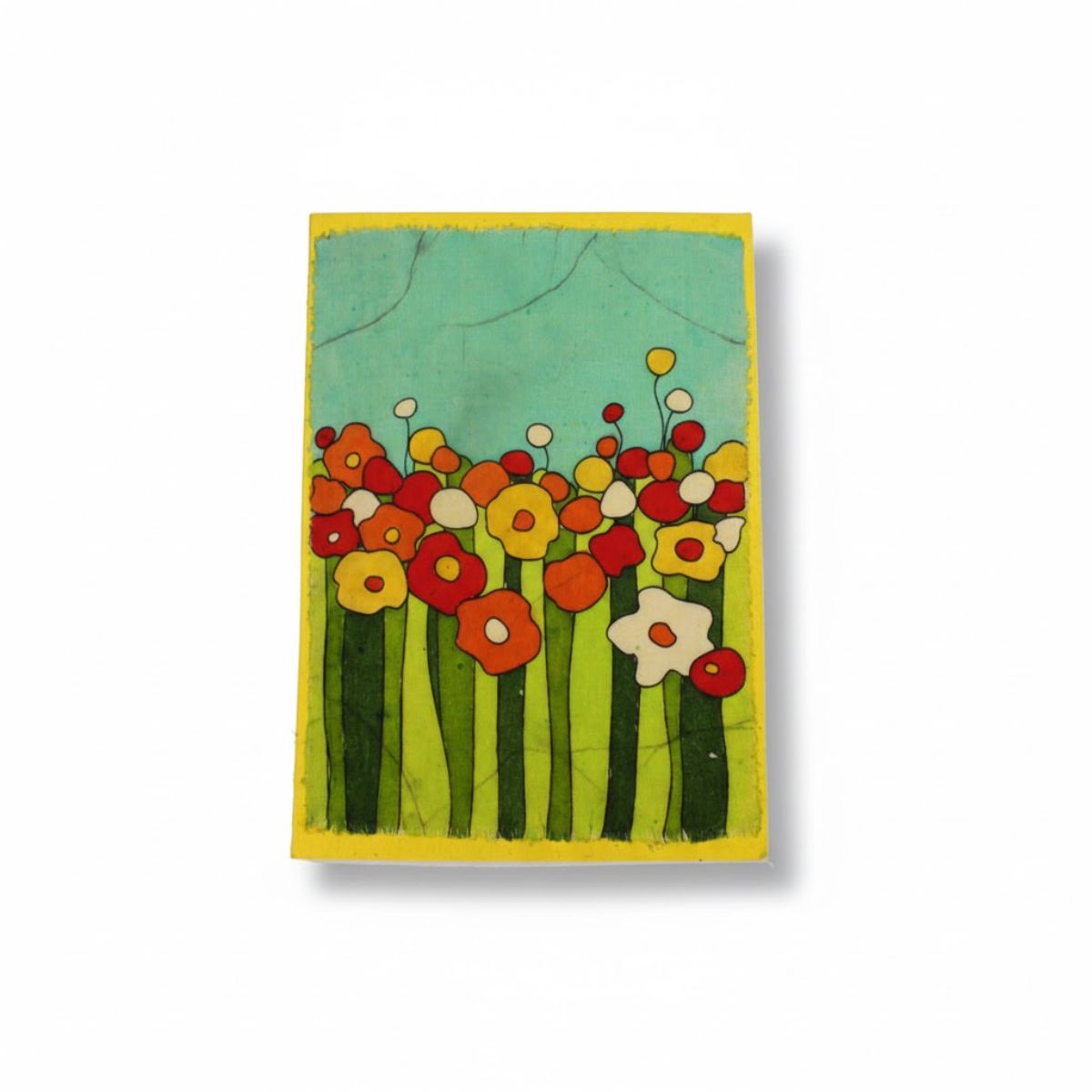 Colorful floral design on a green background with a yellow border