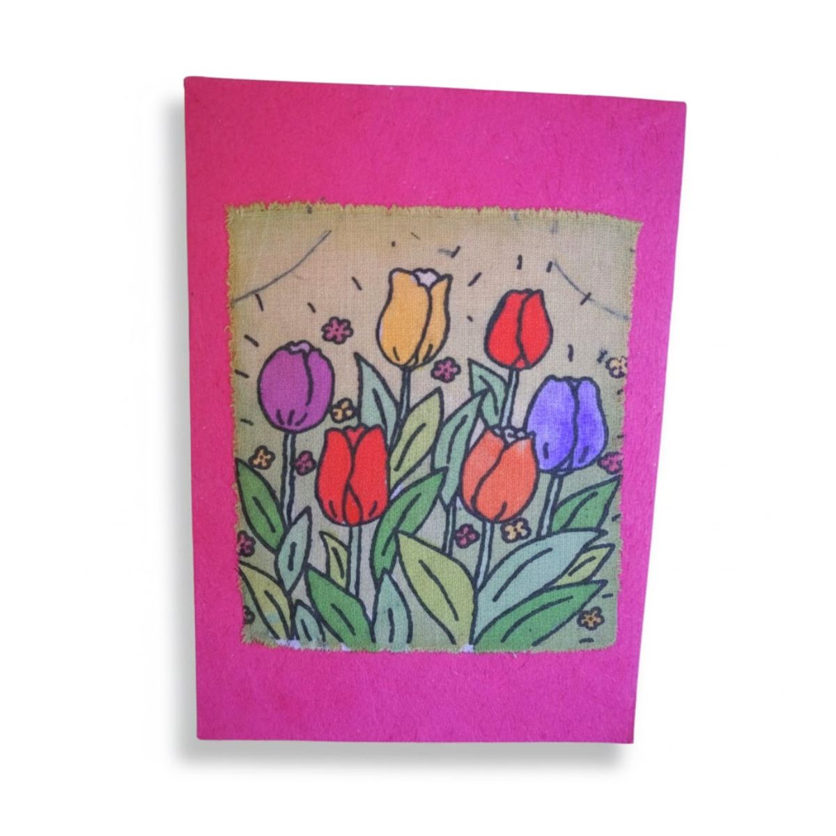 Card with colorful tulip design on a pink border
