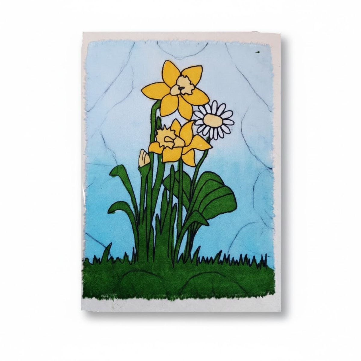 Cartoon-style drawing of yellow daffodils and a white flower on a blue background.