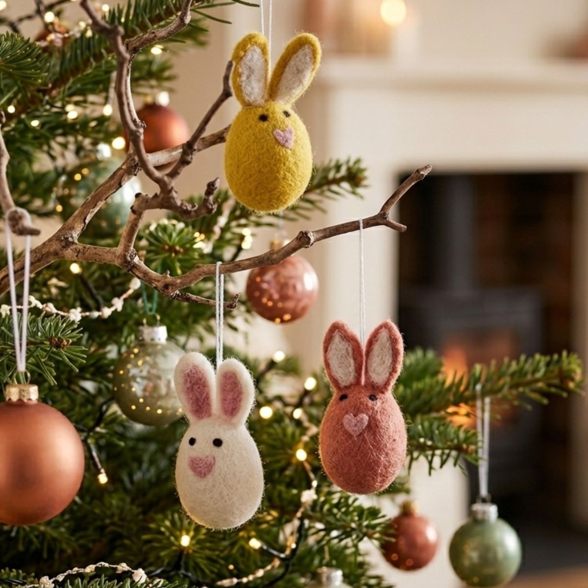 Decorative bunny ornaments hanging on a Christmas tree with colorful baubles.