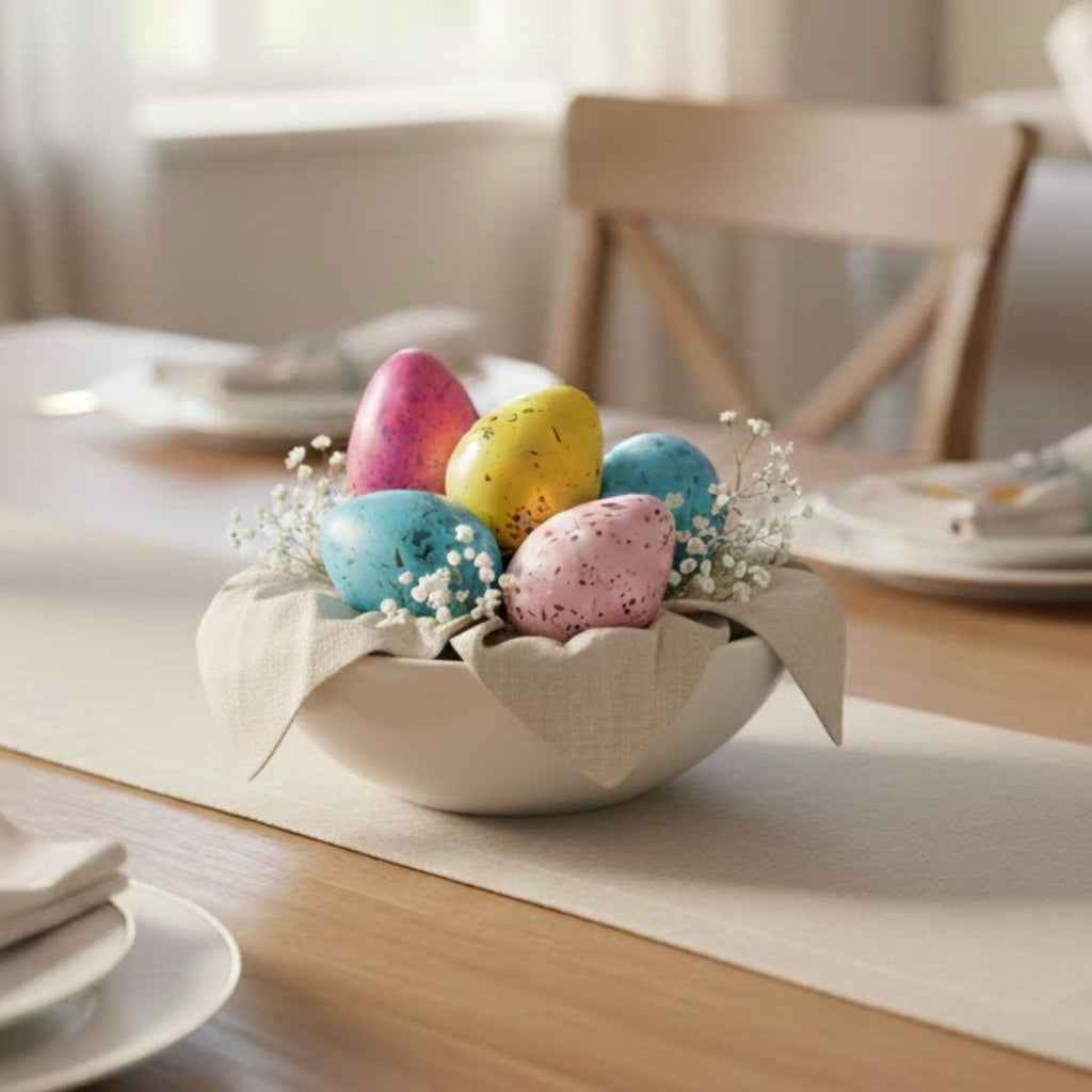 Decorative bowl with colorful Easter eggs on a table setting.