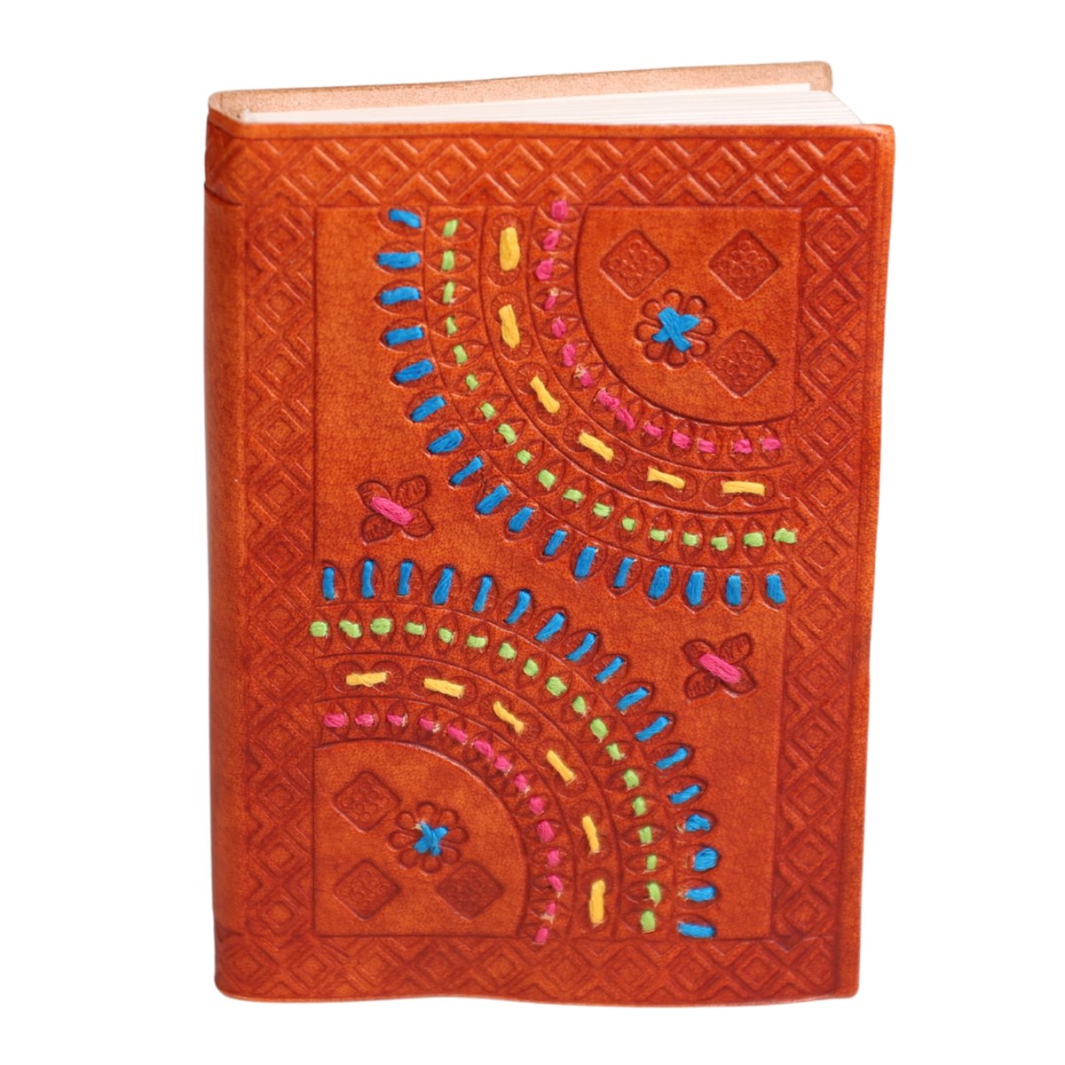 A textured orange leather journal with colorful embroidered geometric patterns on the cover, shown against a plain white background.