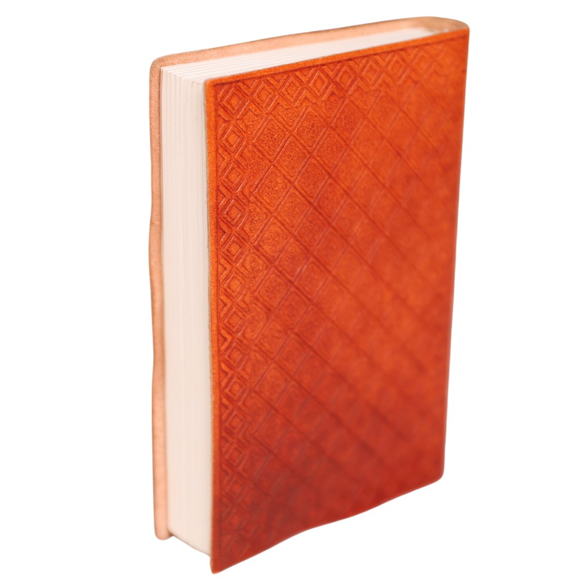 A hardcover notebook or journal with a textured orange-brown embossed cover and cream-colored pages, shown standing upright on a white background.