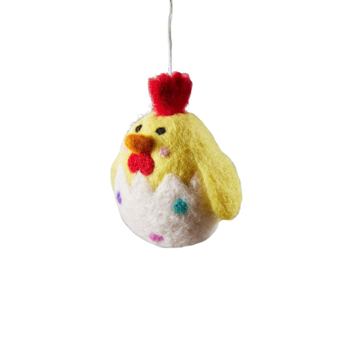 Felted wool chicken ornament with a red comb on a white background