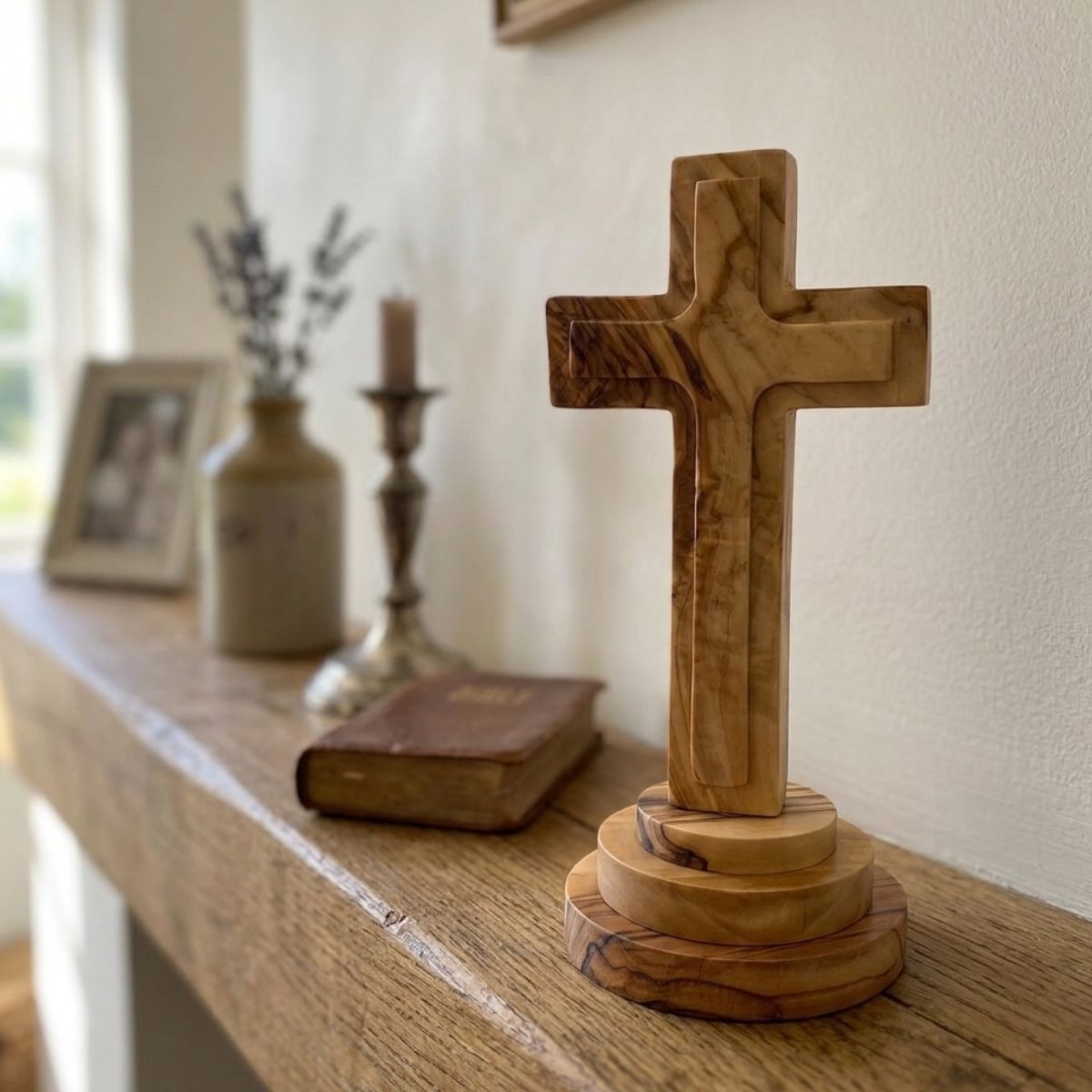 Wooden cross on a shelf with a candle, vase, and photo frame in the background.