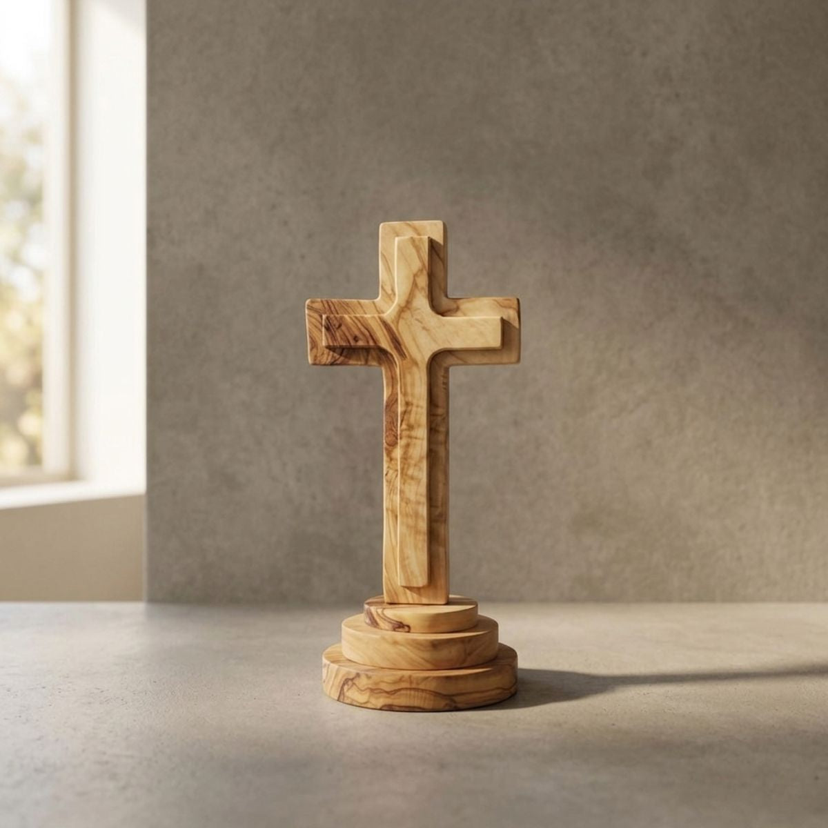 Wooden cross on a stand against a neutral background