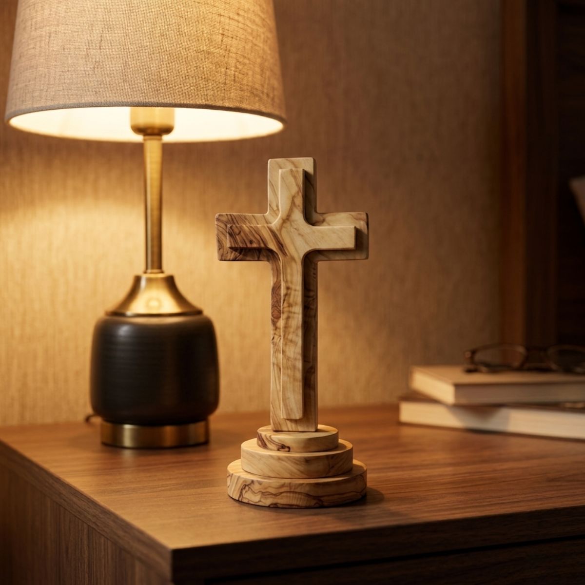 Wooden cross on a wooden surface next to a lamp with a warm glow.