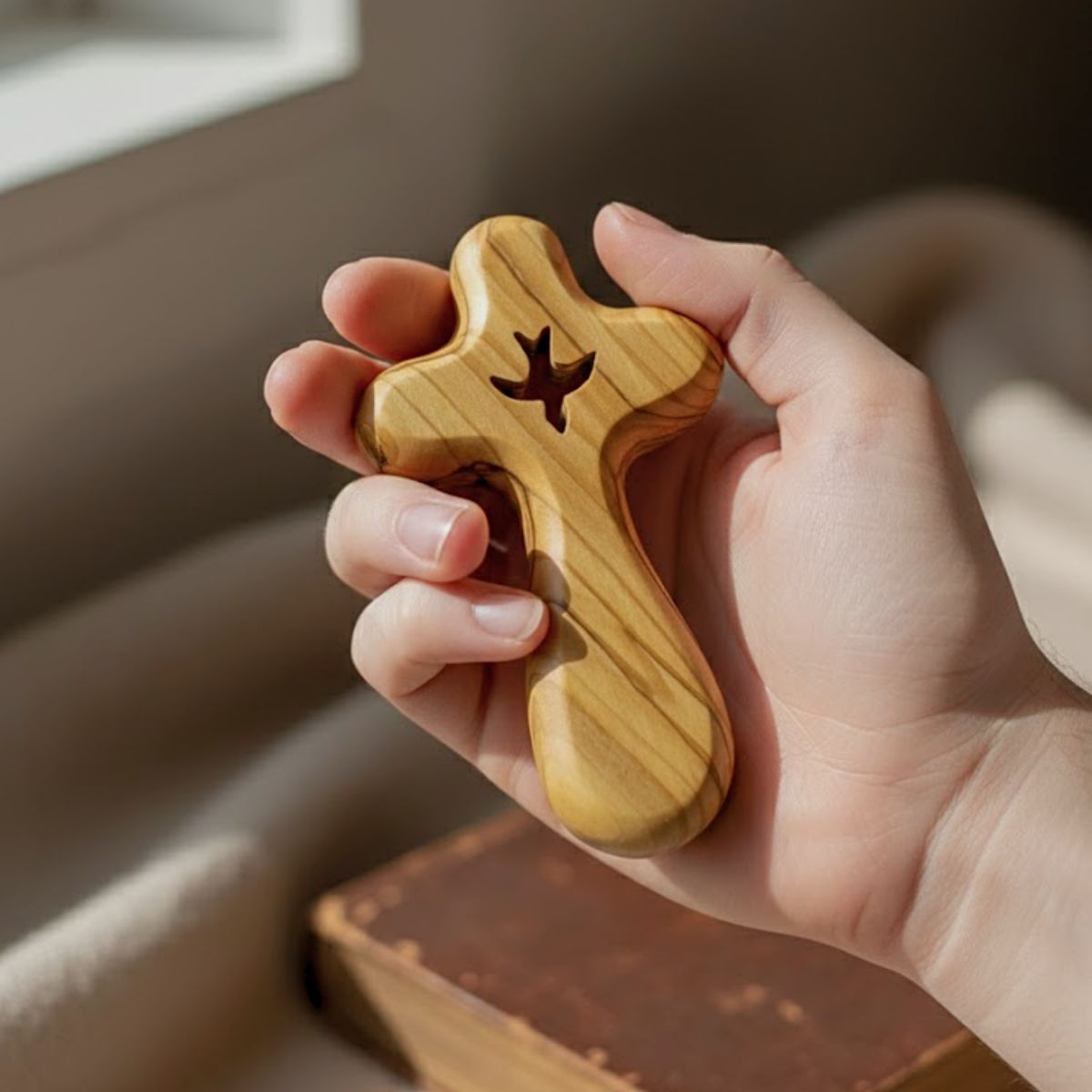 Hand holding a wooden fidget spinner with star design