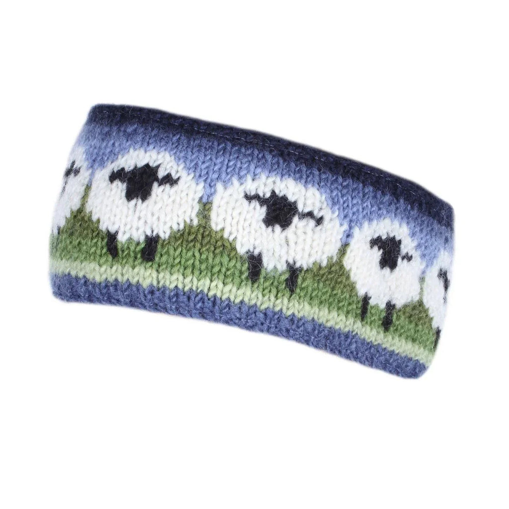Knitted headband with sheep design on a white background